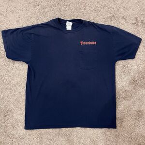 VTG Embroidered Firestone Workwear Pocket Tee XL Jerzees Heavyweight Blend Navy